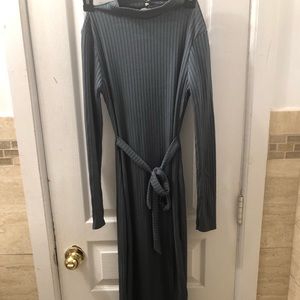 Blue ribbed mock neck open back midi dress